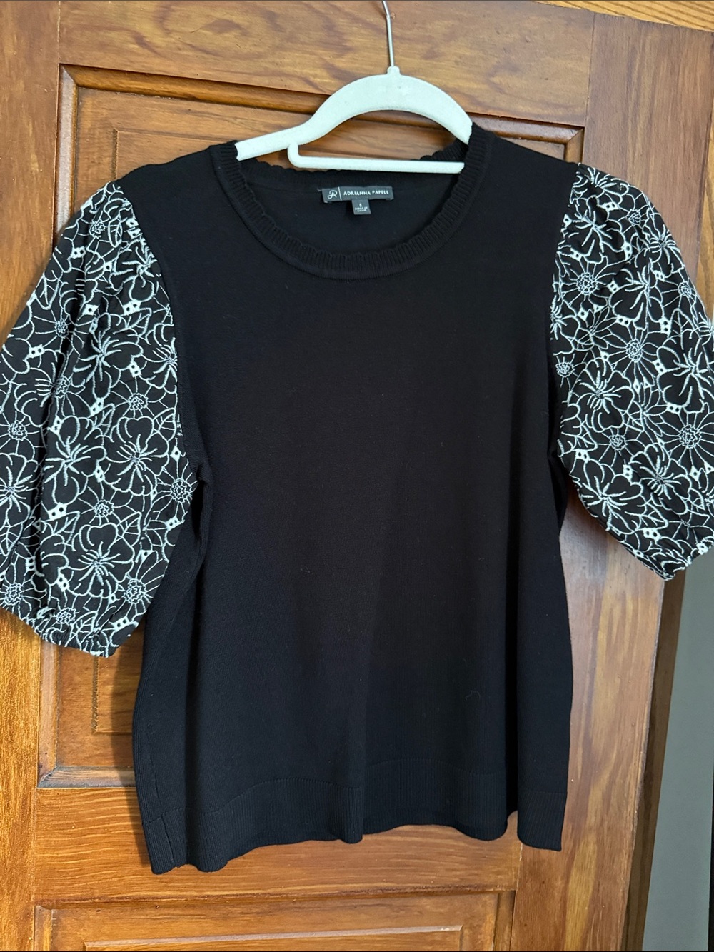 Adrianna Papell Black Knit Top with Floral Contrast Puff Sleeves